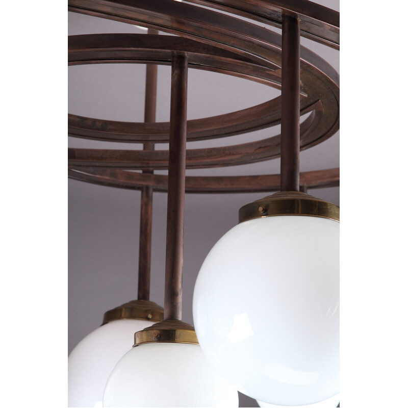 Pendant lamp in lacquered wood, copper and opaline by Yves Faucheur - 1970s **