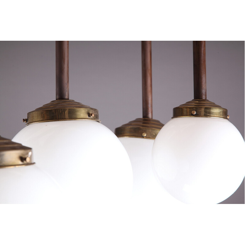 Pendant lamp in lacquered wood, copper and opaline by Yves Faucheur - 1970s **