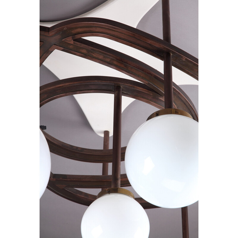 Pendant lamp in lacquered wood, copper and opaline by Yves Faucheur - 1970s **