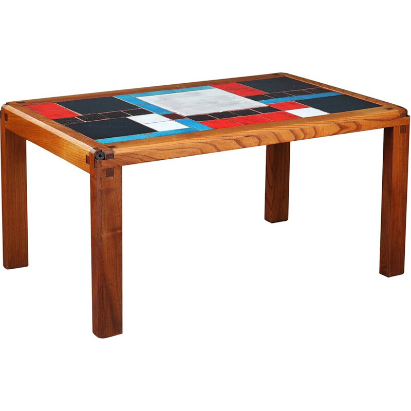 Coffee table in solid elm and ceramic tiles by Pierre Chapo - 1960s