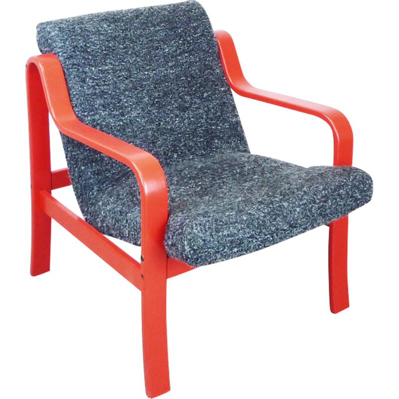 Vintage armchair in red painted wood and grey wool - 1980s