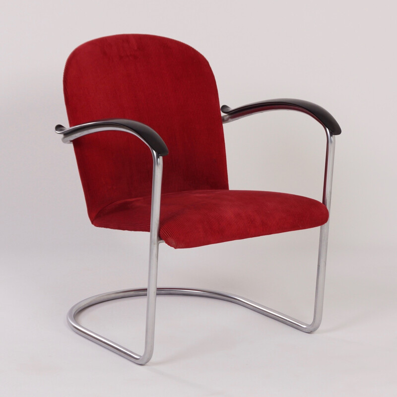 Gispen 414 Red Rib Fabric Armchair by W.H. Gispen - 1935