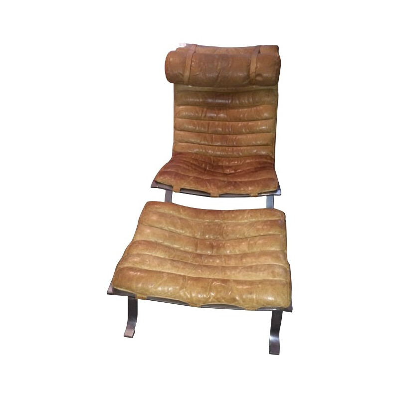 Armchair and ottoman "ARI" in leather and steel, Arne NORELL - 1960s