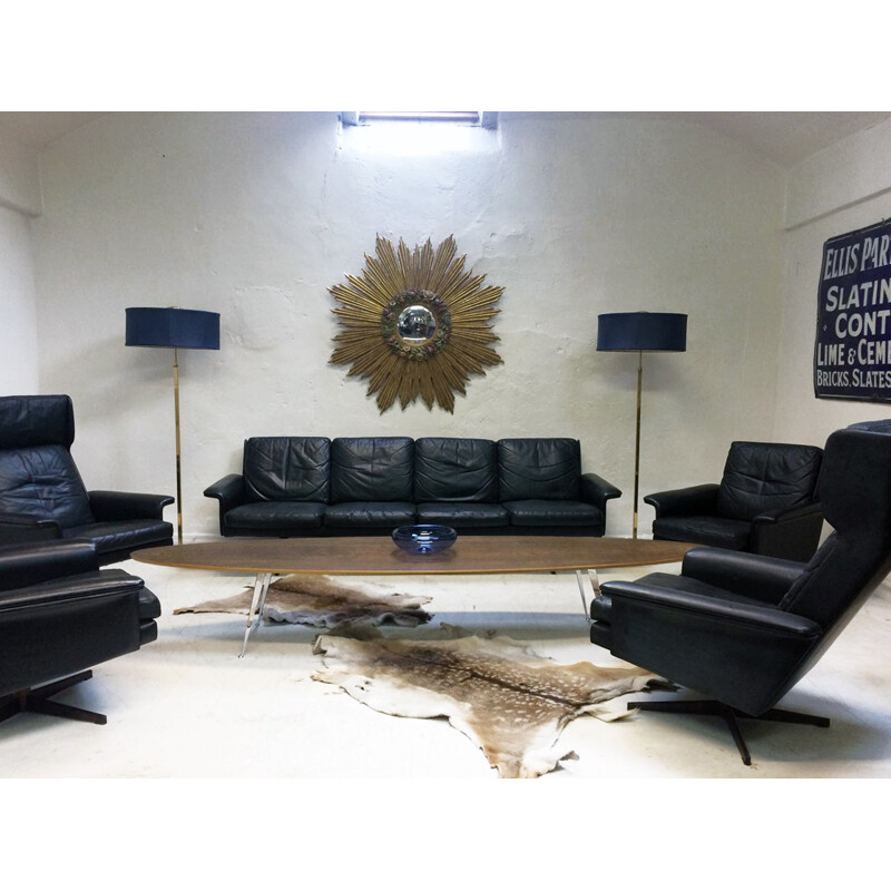 Living room set in black leather by HW Klein for Komfort - 1960s