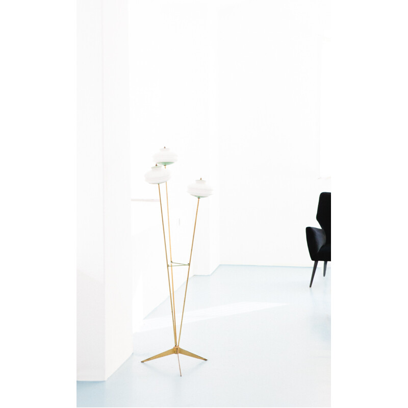 Italian Vintage Modern Brass and Opaline Glass Floor Lamp - 1950s