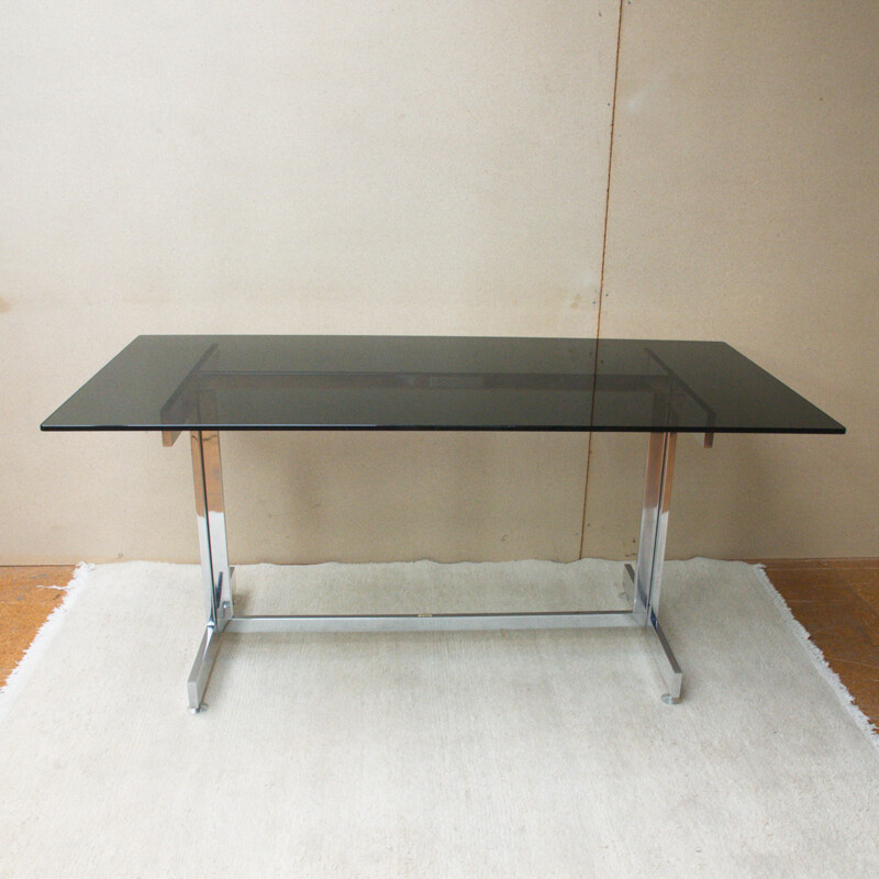 Italian glass desk with smoked glass plate and chrome - 1970s