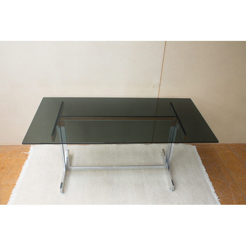 Italian glass desk with smoked glass plate and chrome - 1970s