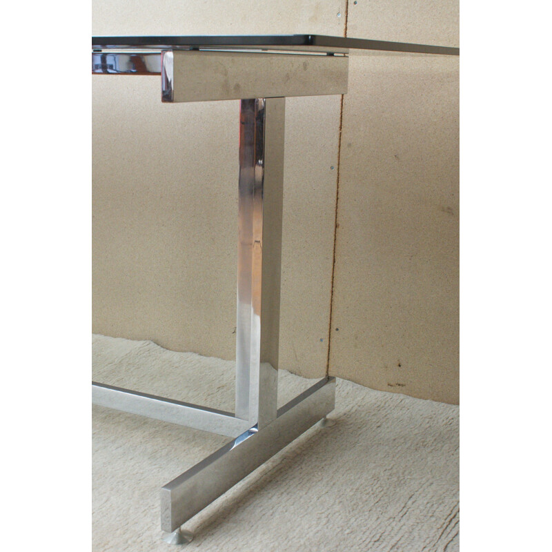 Bureau en verre italien avec plaque de verre fumé et chrome - 1970