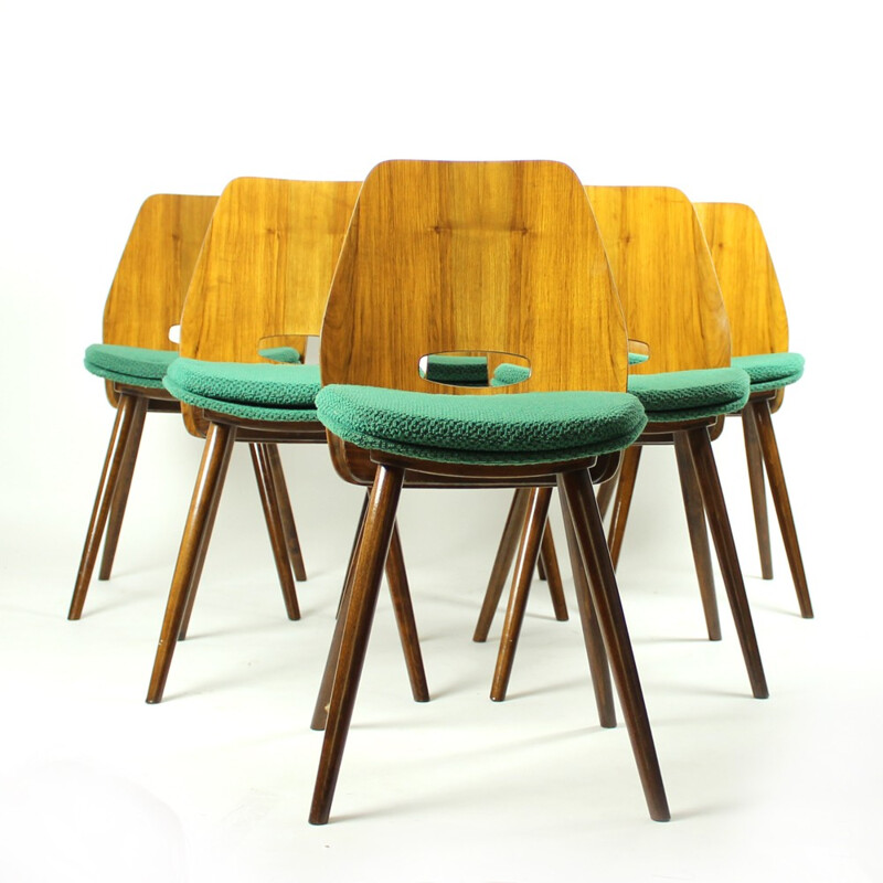 Set of 6 Dining Chairs in Walnut Veneer by Frantisek Jirak for Tatra - 1960s