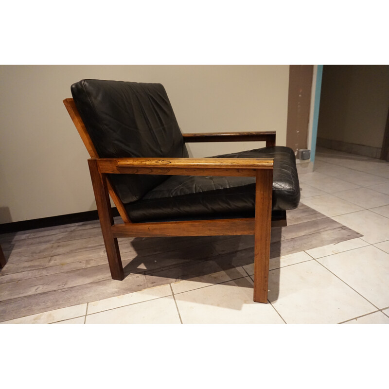 Pair of Danish armchairs leather and rosewood by I.Wikkelso - 1960s