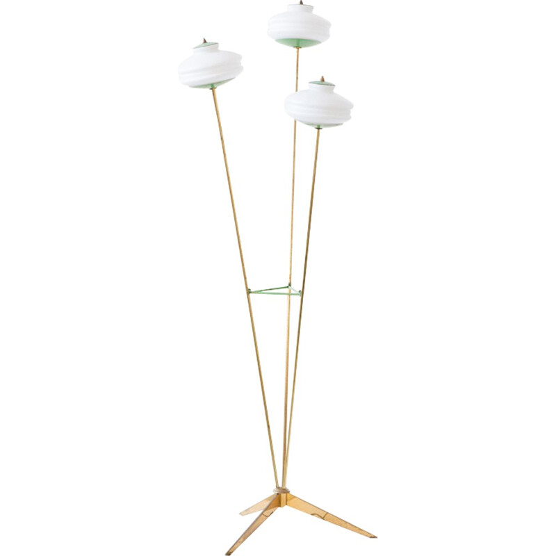 Italian Vintage Modern Brass and Opaline Glass Floor Lamp - 1950s