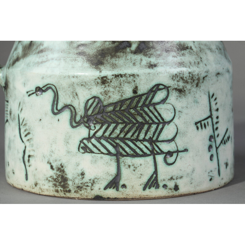 Ceramic jug with animal incised decoration by J. Blin - 1960s
