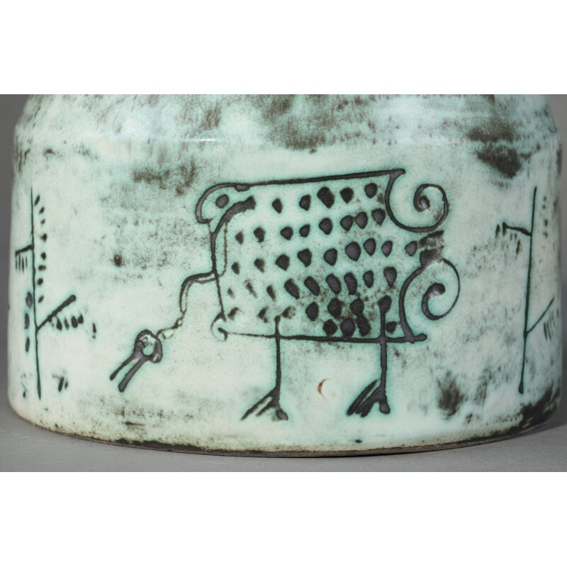 Ceramic jug with animal incised decoration by J. Blin - 1960s