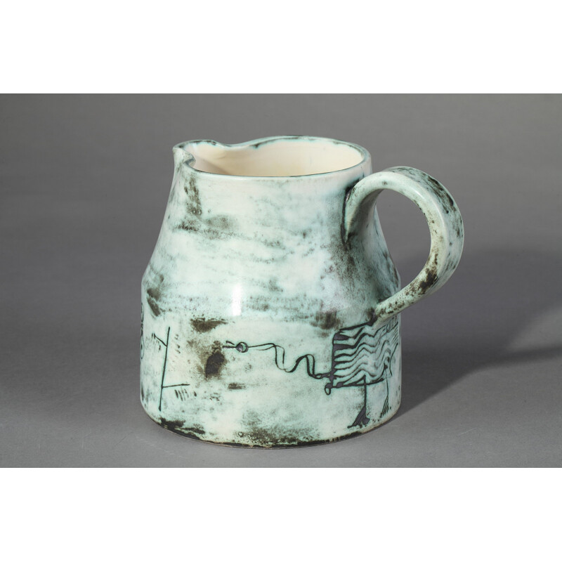Ceramic jug with animal incised decoration by J. Blin - 1960s
