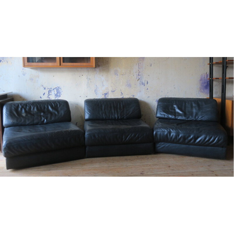 Set of 3 D 76 Vintage Black Leather Armchairs by De Sede - 1970s