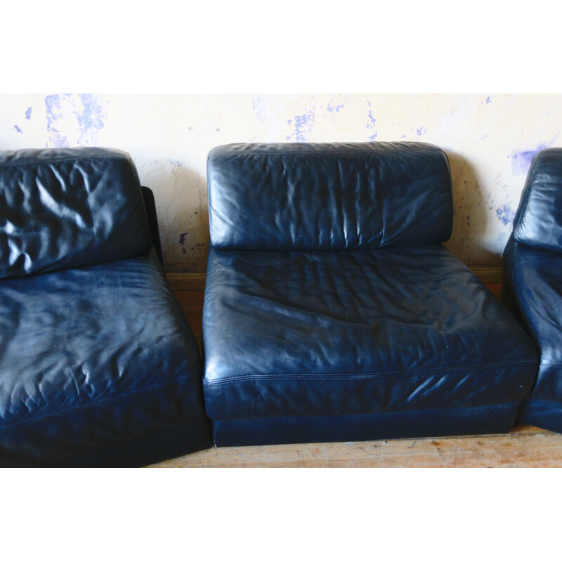Set of 3 D 76 Vintage Black Leather Armchairs by De Sede - 1970s