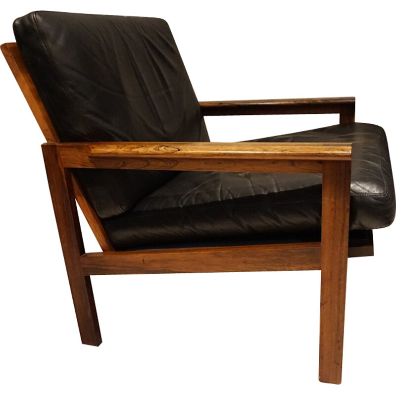 Paire de fauteuils Danois en cuir et palissandre de I.Wikkelso - 1960