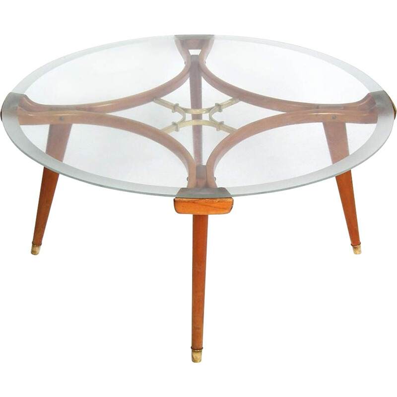 Vintage Teak  coffee table in brass and glass - 1950s