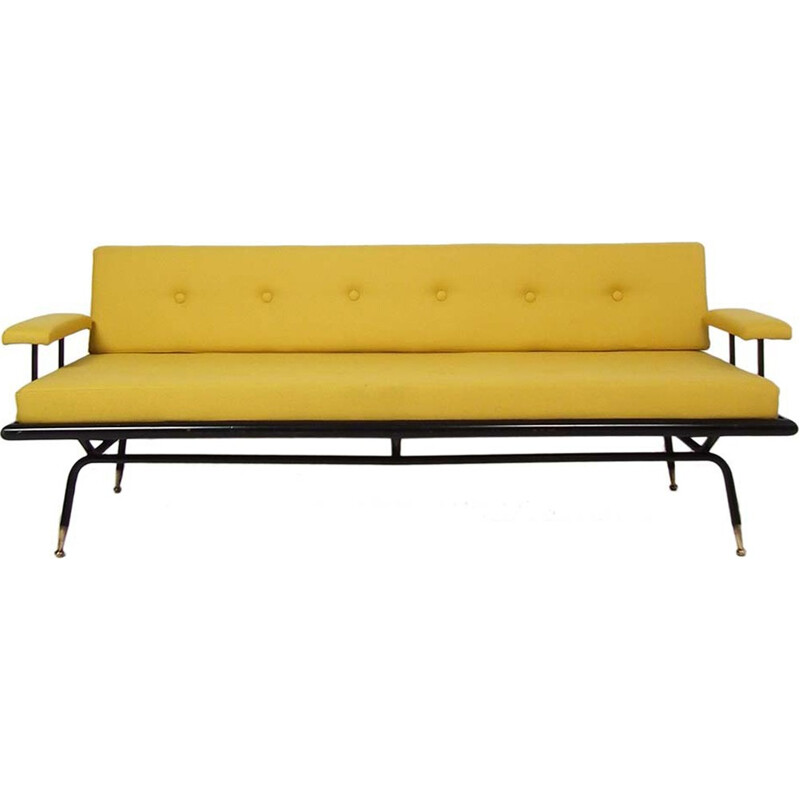 Vintage metal Italian daybed with yellow fabric - 1950s