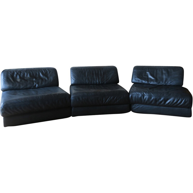 Set of 3 D 76 Vintage Black Leather Armchairs by De Sede - 1970s