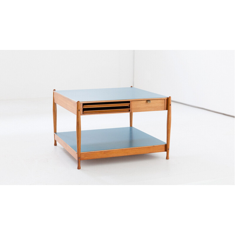 Italian Low Coffee Table Wood and Light Blue Tops by Fratelli Reguitti - 1950s