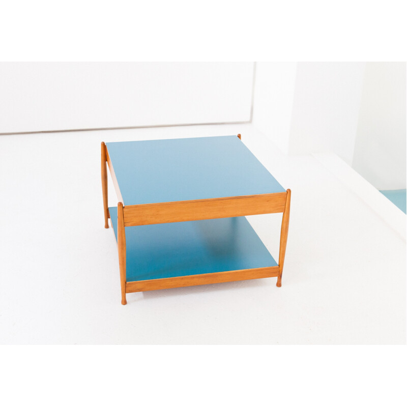 Italian Low Coffee Table Wood and Light Blue Tops by Fratelli Reguitti - 1950s