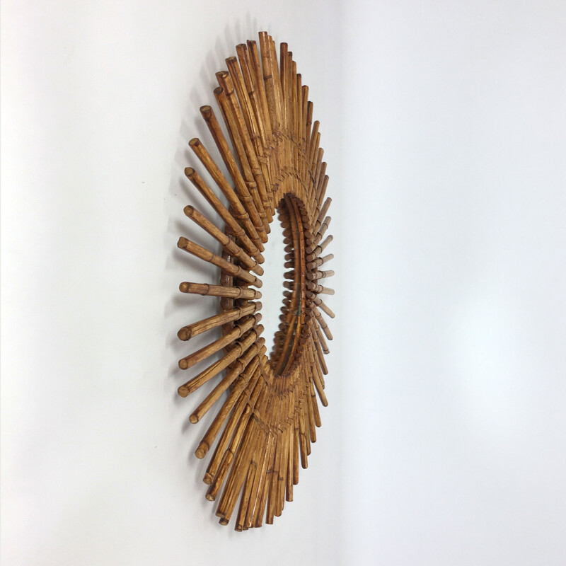 French rattan sun mirror - 1960s