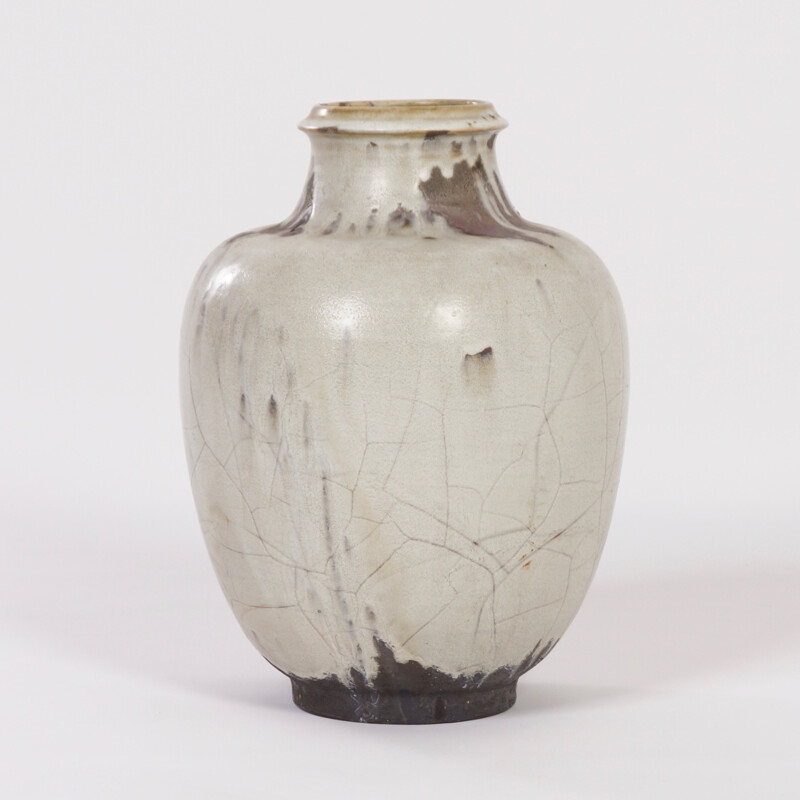 Grand vase en céramique fait à la main avec glaçure blanche, marron et noir pour Mobach Keramiec - 1930