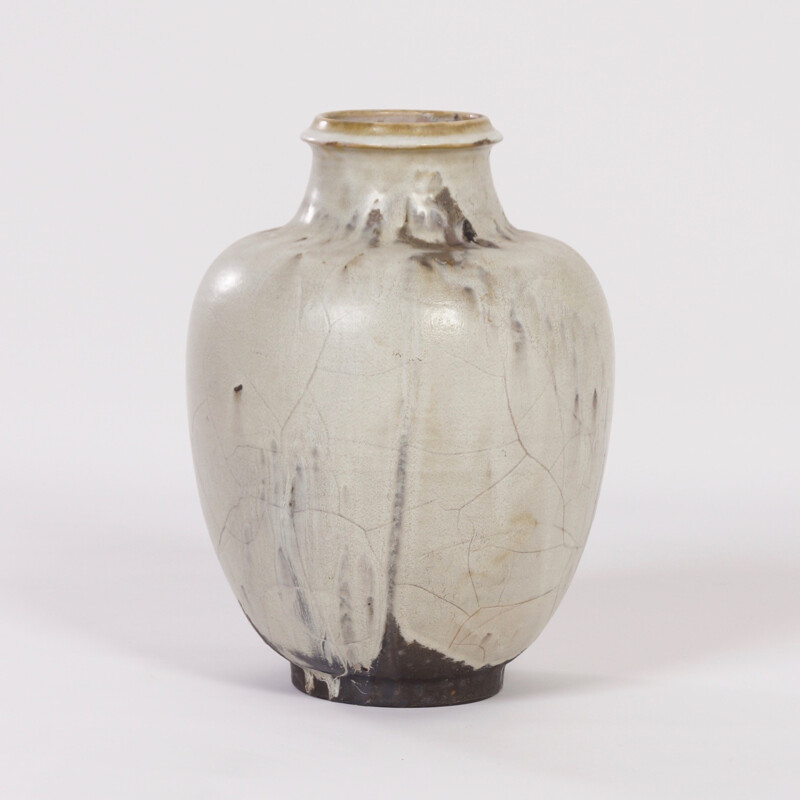 Grand vase en céramique fait à la main avec glaçure blanche, marron et noir pour Mobach Keramiec - 1930