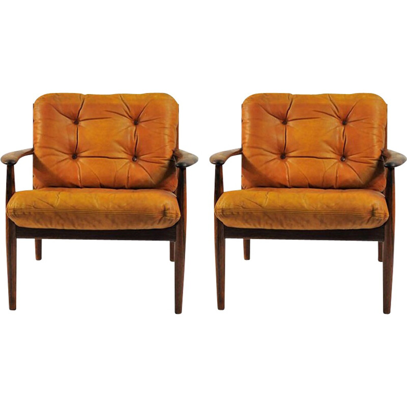 Pair of Lounge Chairs in Rosewood and Original Leather Cushions by Grete Jalk - 1960s