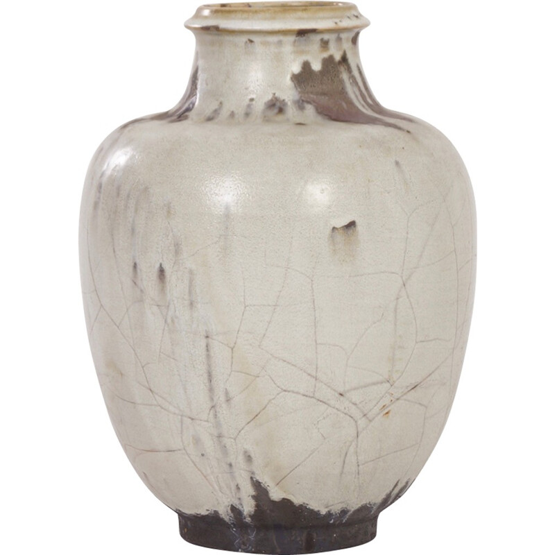 Large Hand-Made Ceramic Vase with White, Brown and Black Glaze for Mobach Keramiec - 1930s