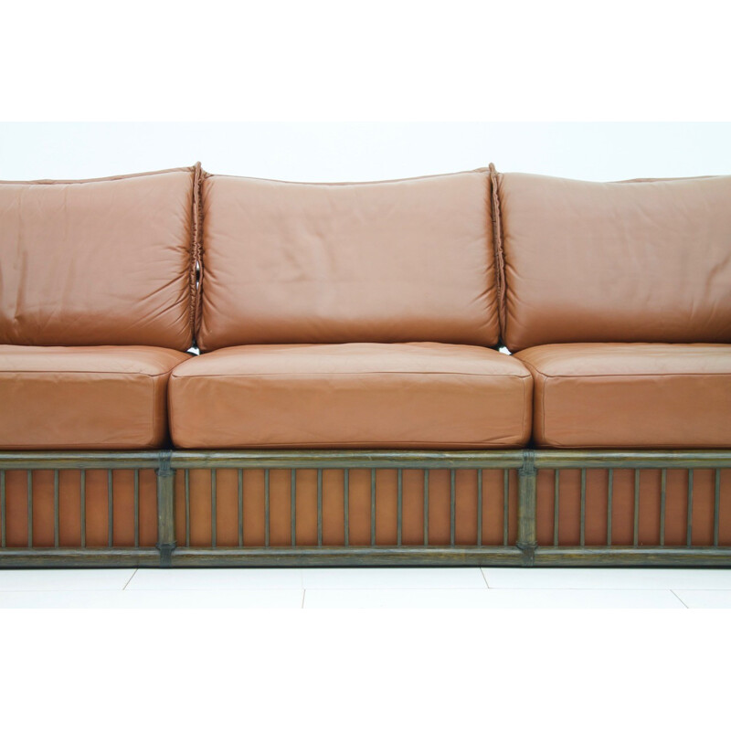 3 seater Leather Sofa with Rattan for Rolf Benz - 1970s