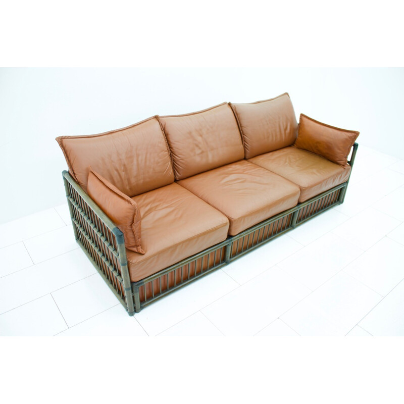 3 seater Leather Sofa with Rattan for Rolf Benz - 1970s