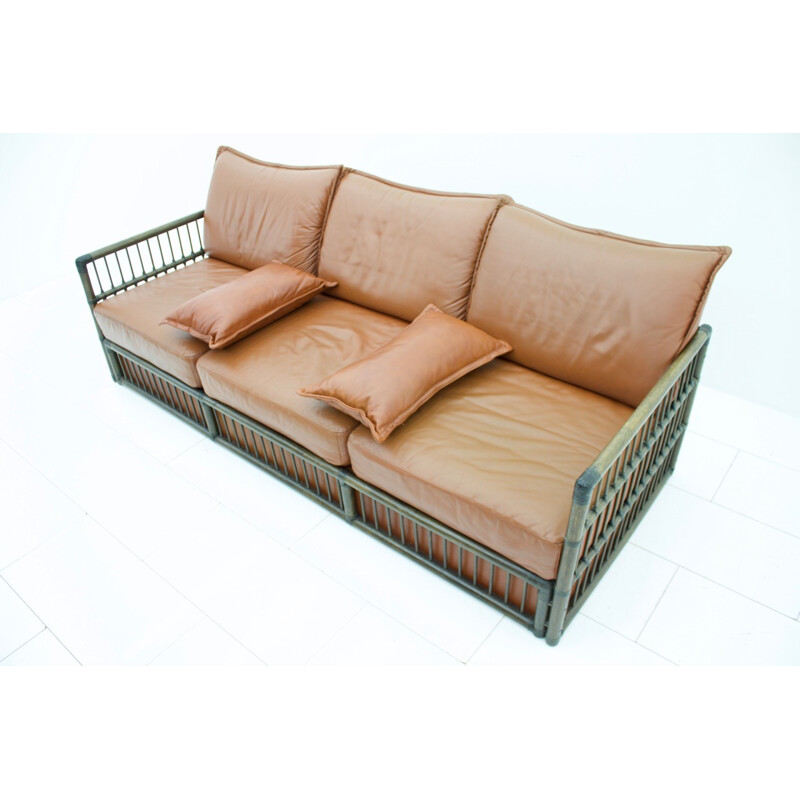 3 seater Leather Sofa with Rattan for Rolf Benz - 1970s