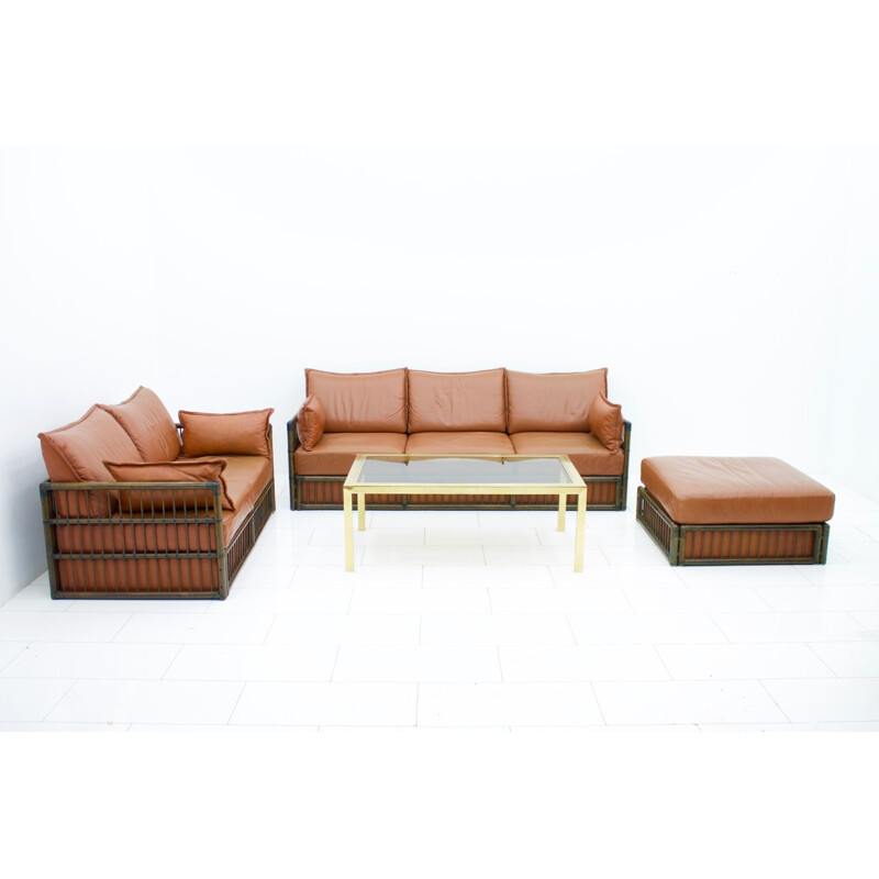 3 seater Leather Sofa with Rattan for Rolf Benz - 1970s