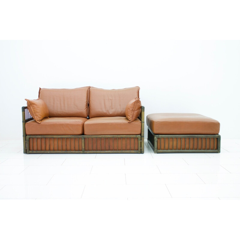 2 seater Leather Sofa and Foot Stool with Rattan for Rolf Benz - 1970s