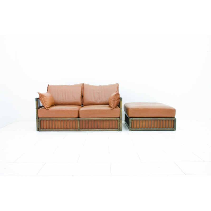 2 seater Leather Sofa and Foot Stool with Rattan for Rolf Benz - 1970s