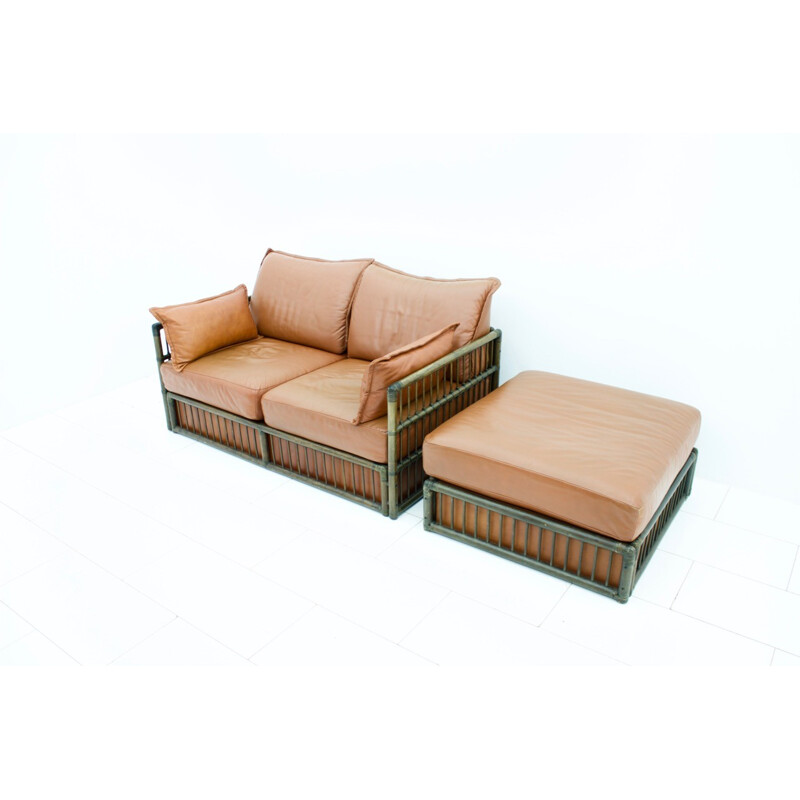 2 seater Leather Sofa and Foot Stool with Rattan for Rolf Benz - 1970s