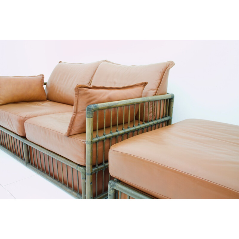 2 seater Leather Sofa and Foot Stool with Rattan for Rolf Benz - 1970s