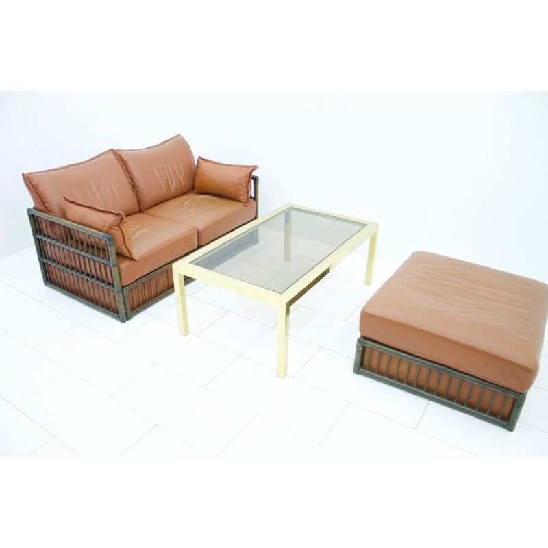 2 seater Leather Sofa and Foot Stool with Rattan for Rolf Benz - 1970s