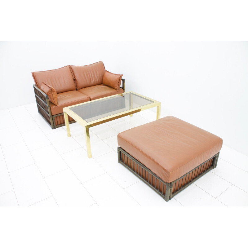 2 seater Leather Sofa and Foot Stool with Rattan for Rolf Benz - 1970s