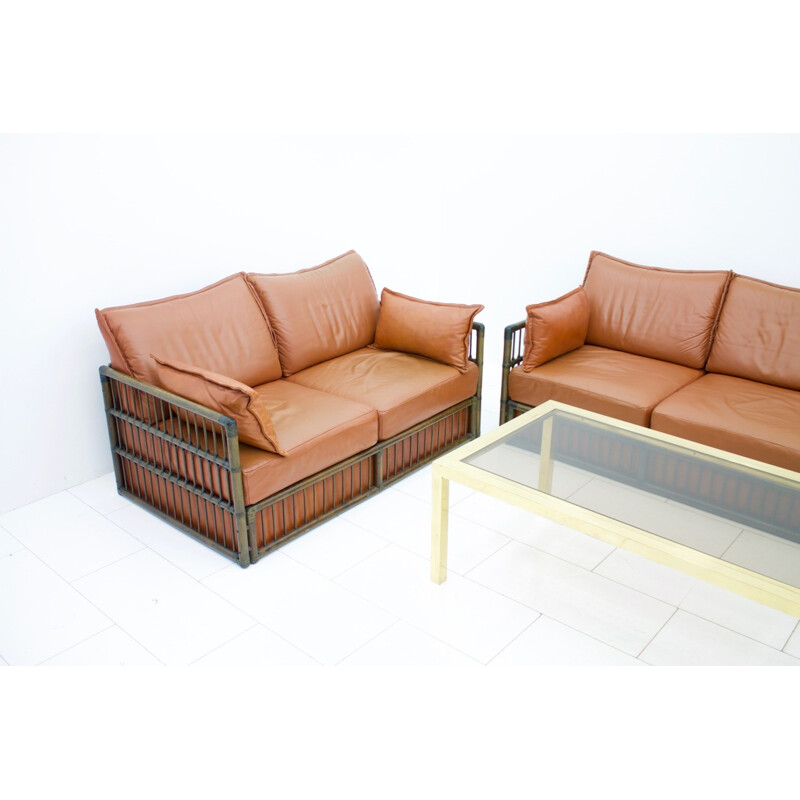 2 seater Leather Sofa and Foot Stool with Rattan for Rolf Benz - 1970s