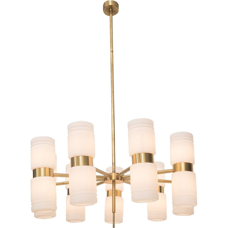 Brass And Opaline Glass Chandelier Hans Agne Jakobsson - 1960s