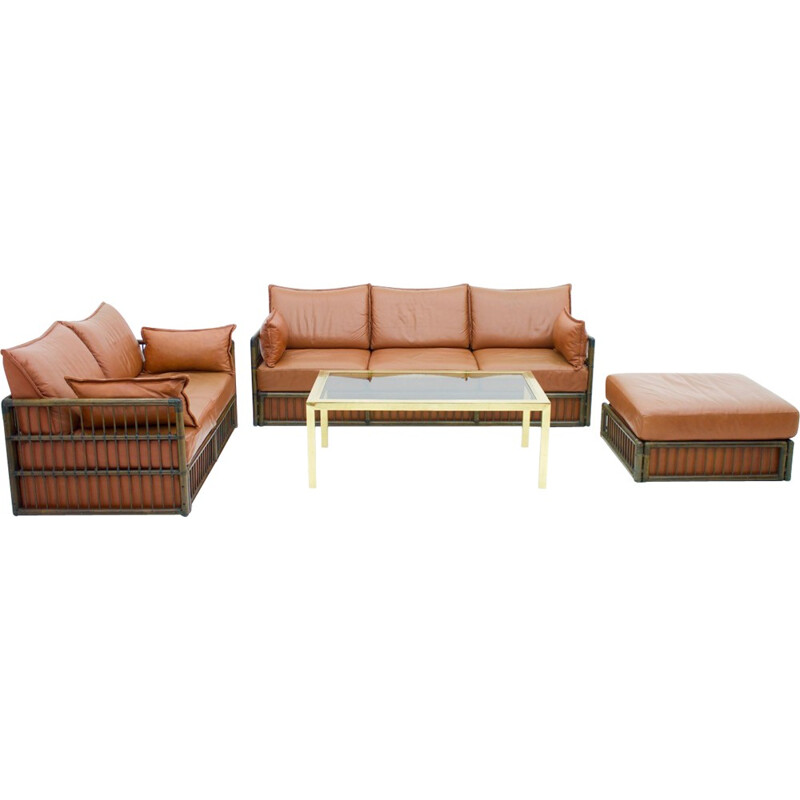 2 seater Leather Sofa and Foot Stool with Rattan for Rolf Benz - 1970s