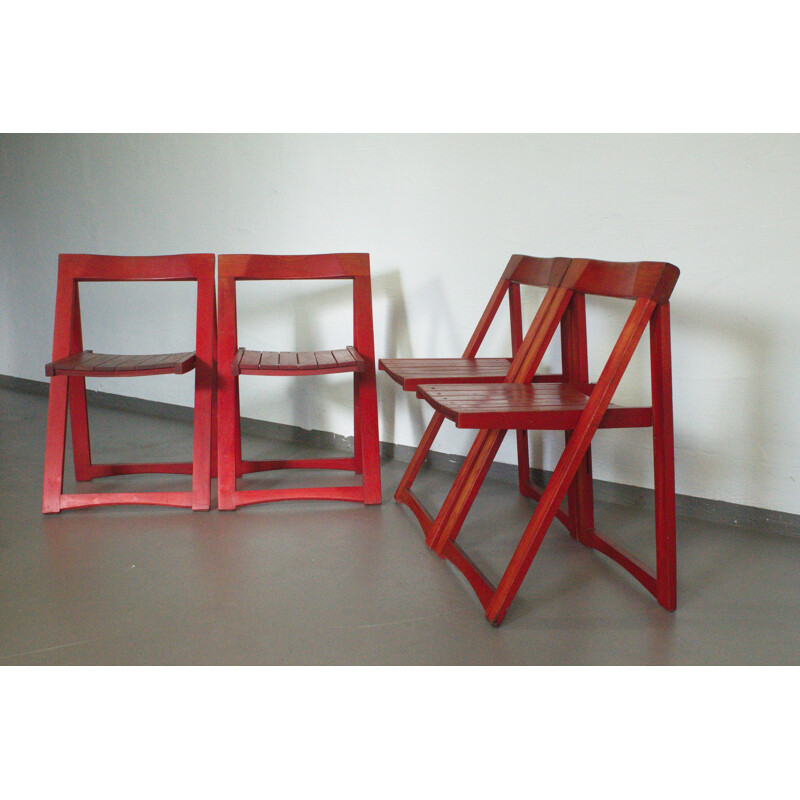 Set of 4 Beech red folding chairs by Aldo Jacober for Bazzani, Italy - 1960s