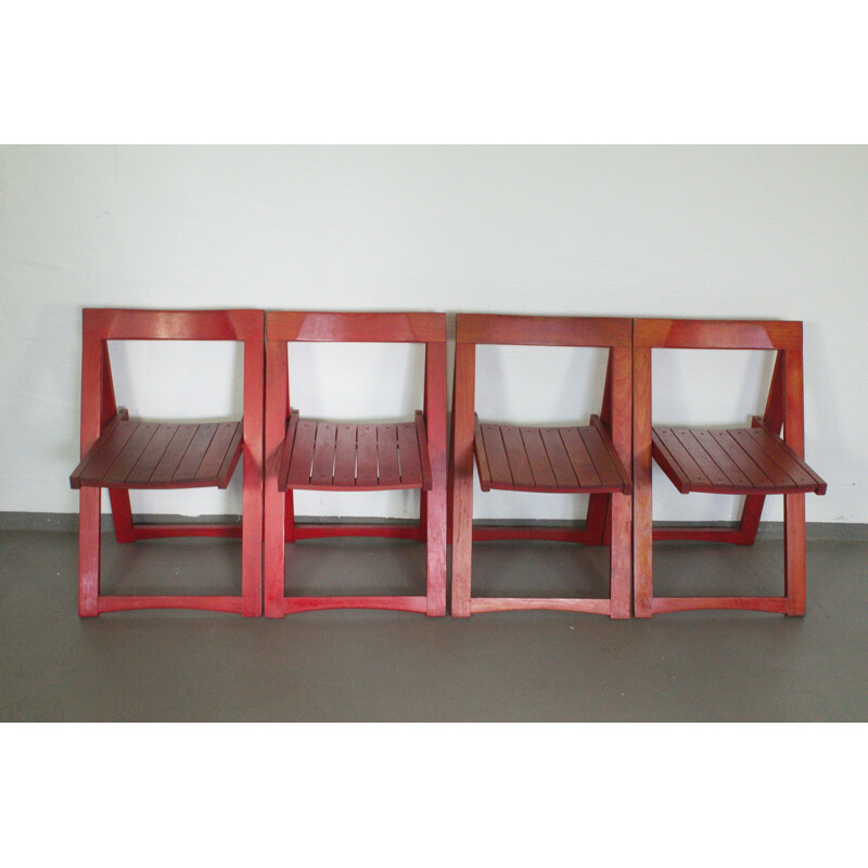 Set of 4 Beech red folding chairs by Aldo Jacober for Bazzani, Italy - 1960s