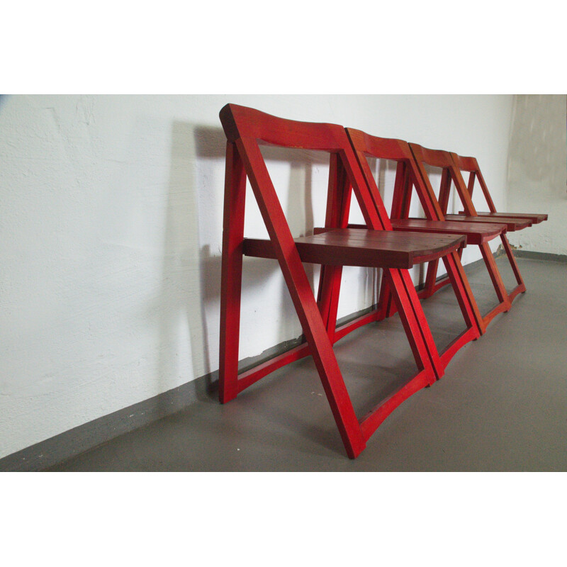 Set of 4 Beech red folding chairs by Aldo Jacober for Bazzani, Italy - 1960s