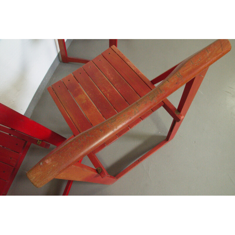 Set of 4 Beech red folding chairs by Aldo Jacober for Bazzani, Italy - 1960s