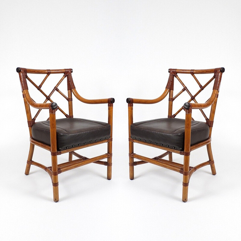 Set of 2 wood and leather armchairs - 1980s
