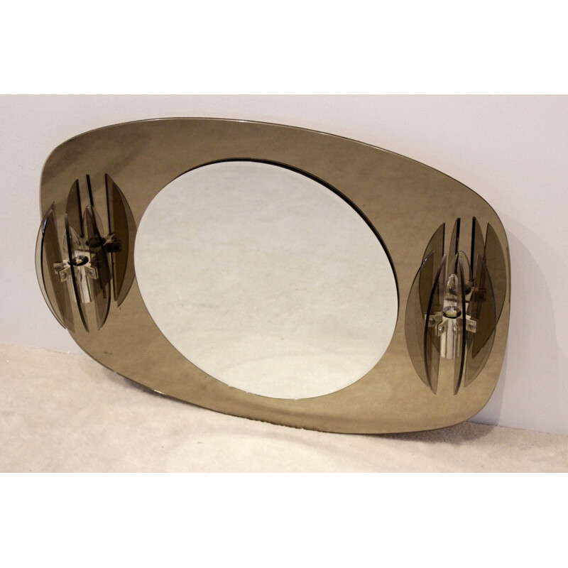 Miroir vintage en verre à deux tons avec appliques en verre pour Veca, Italie 1970